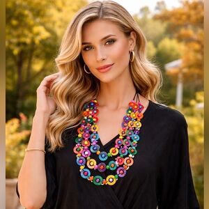 New bohemian Ethnic Natural coconut shell wood multi color statement necklace